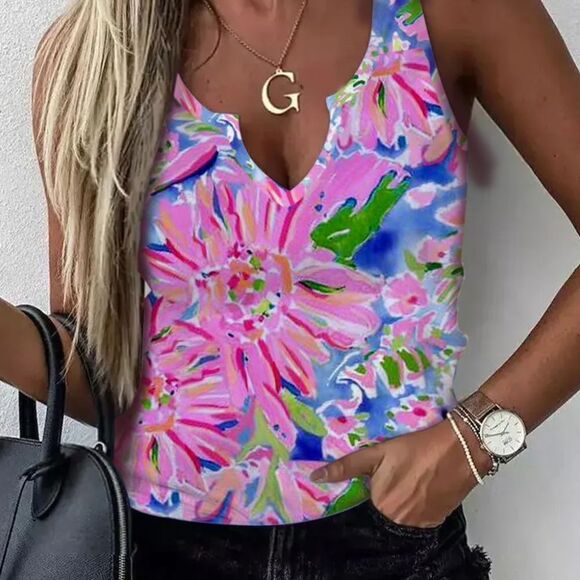 NEW Pink Floral Print Notch Neck Sleeveless Top - Picture 1 of 3